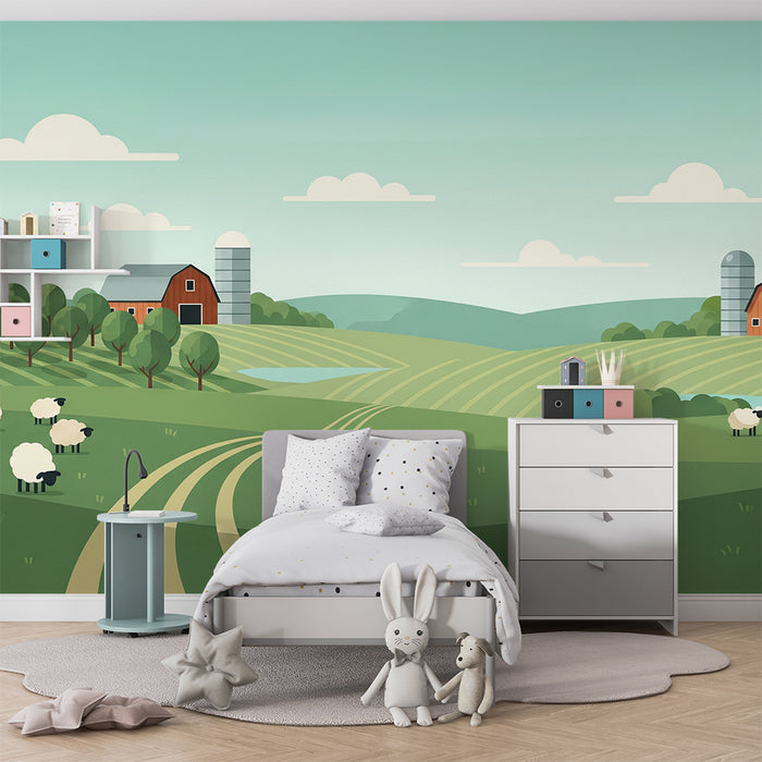 Kids bedroom wallpaper | Farm scene with sheep and green landscapes