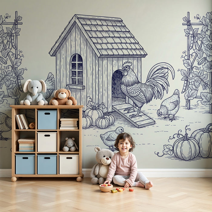 Papel pintado infantil | Escena de granja con gallinas y calabazas