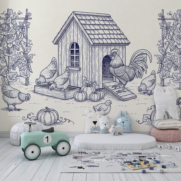 Papel pintado infantil | Escena de granja con gallinas y calabazas