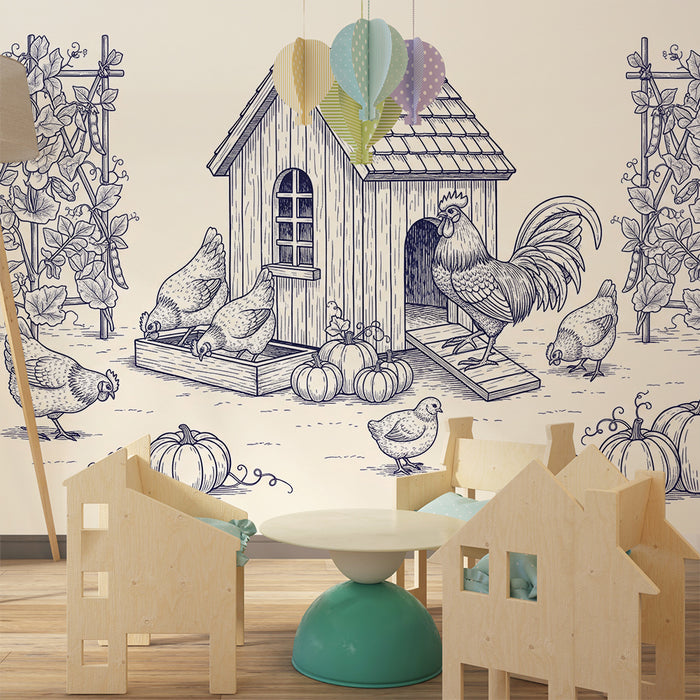 Papel pintado infantil | Escena de granja con gallinas y calabazas