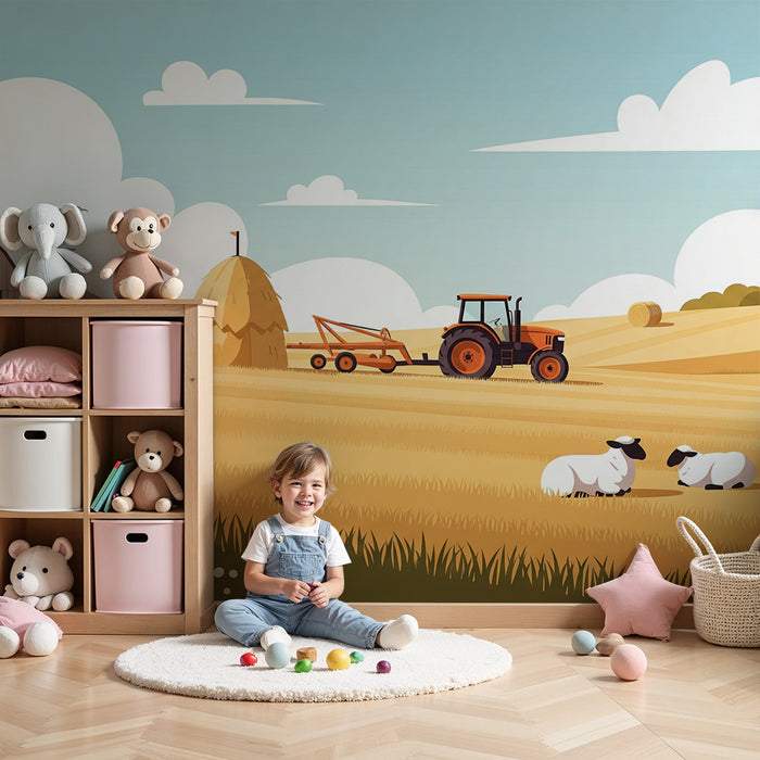 Children's bedroom wallpaper | Farm scene with tractor and sheep
