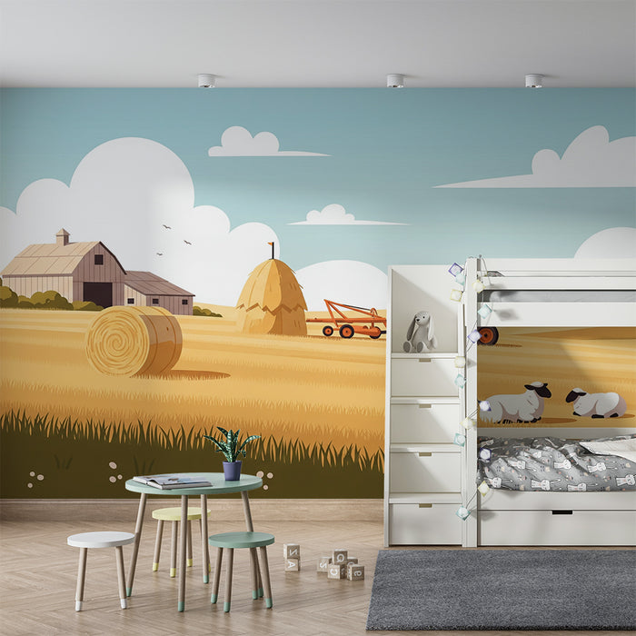 Children's bedroom wallpaper | Farm scene with tractor and sheep