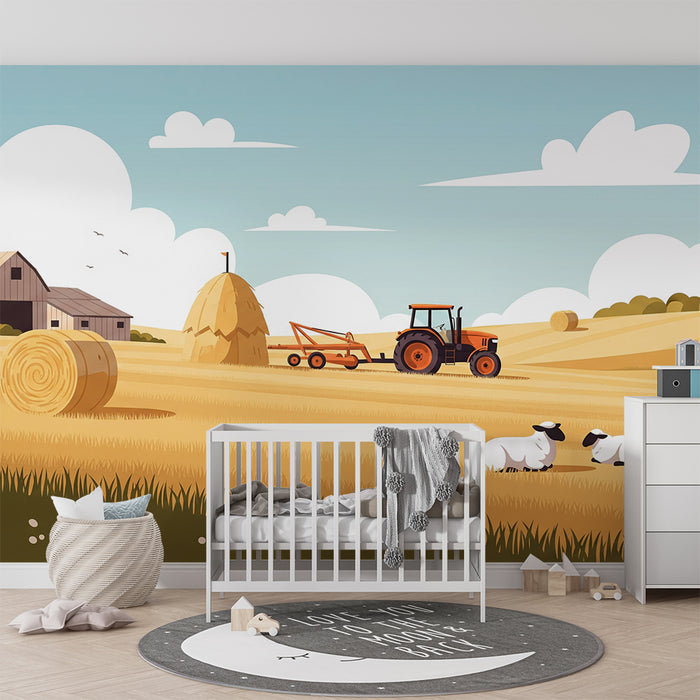 Children's bedroom wallpaper | Farm scene with tractor and sheep
