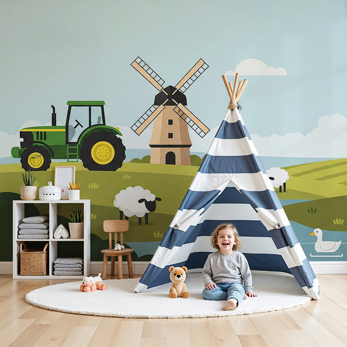 Papier peint chambre enfant | Scène de ferme avec tracteur, moutons et canards