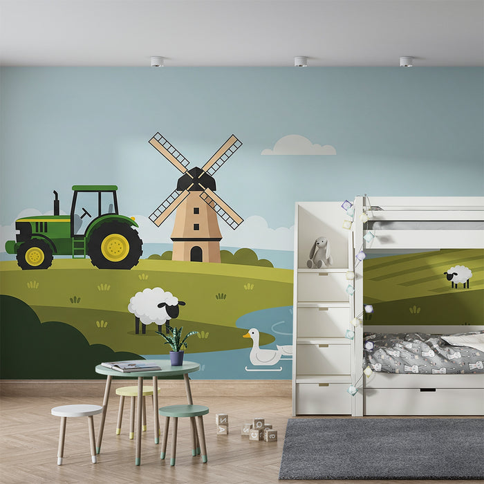 Papier peint chambre enfant | Scène de ferme avec tracteur, moutons et canards