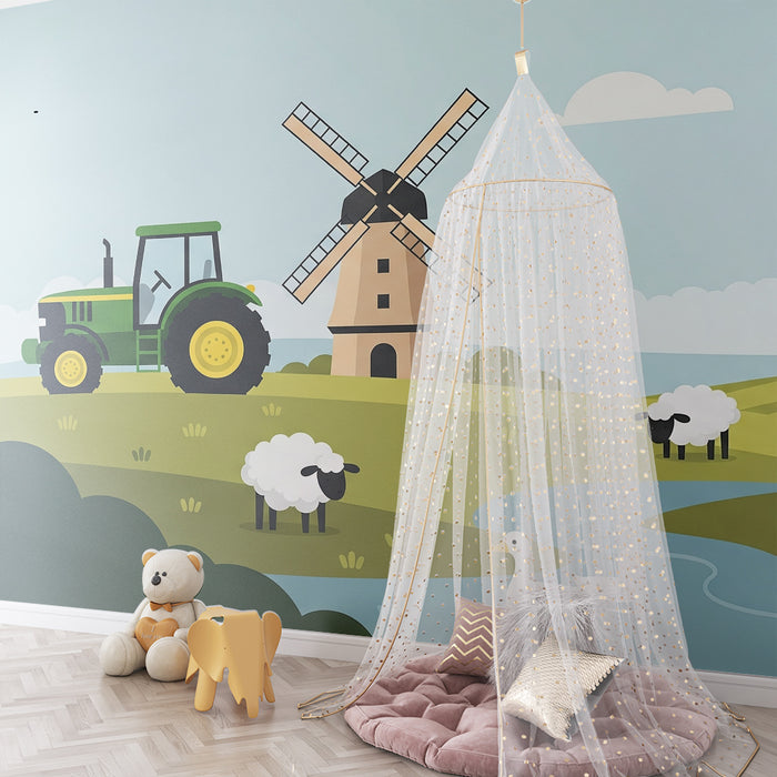 Papier peint chambre enfant | Scène de ferme avec tracteur, moutons et canards