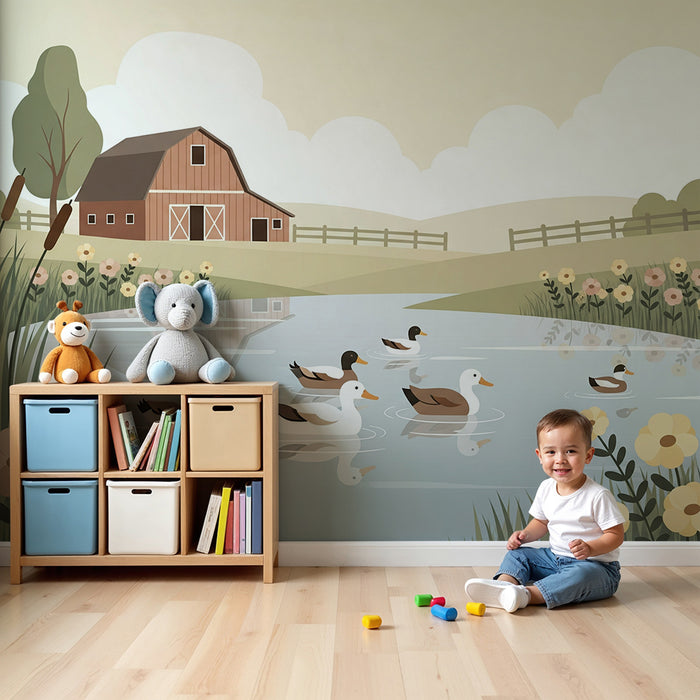 Papel pintado infantil | Escena de granja tranquila con patos y flores