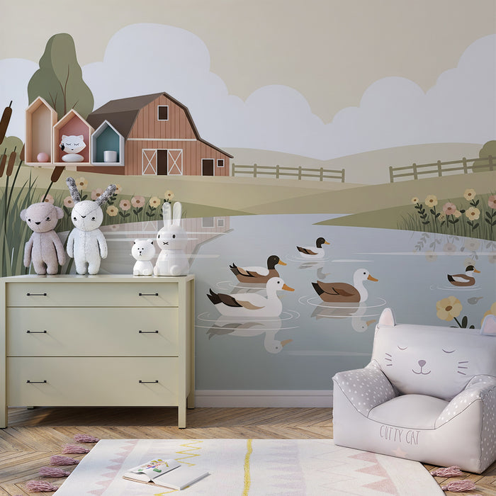 Papel pintado infantil | Escena de granja tranquila con patos y flores