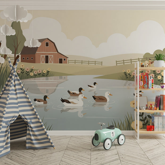 Papel pintado infantil | Escena de granja tranquila con patos y flores