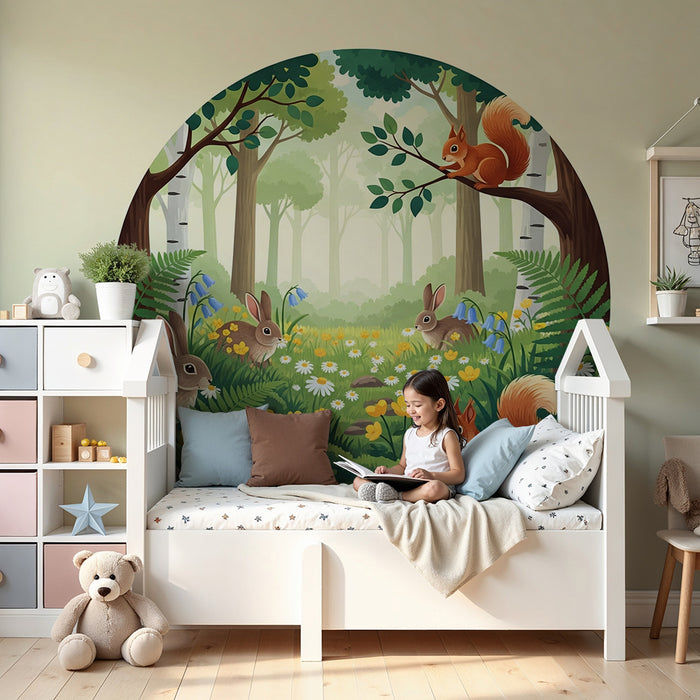 Kinderzimmer Tapete | Waldszene mit Hasen und Eichhörnchen in einer blumigen Umgebung