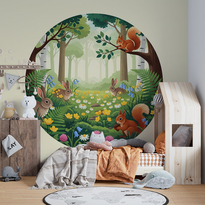 Kinderzimmer Tapete | Waldszene mit Hasen und Eichhörnchen in einer blumigen Umgebung