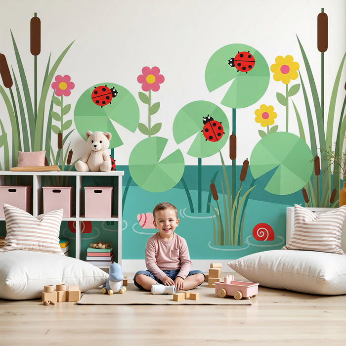 Kinderzimmer Tapete | Wassergarten-Szene mit Marienkäfern und bunten Blumen