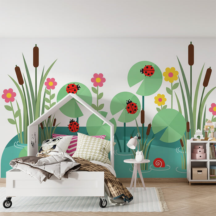 Kinderzimmer Tapete | Wassergarten-Szene mit Marienkäfern und bunten Blumen