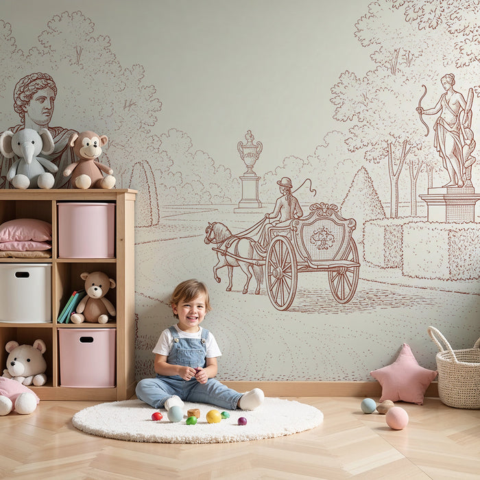 Hier ist die Übersetzung für den E-Commerce-Kontext:

Kinderzimmer Tapete | Gartenszene mit Kutsche und klassischen Statuen