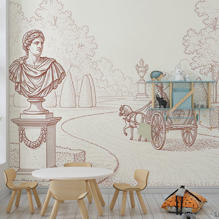 Hier ist die Übersetzung für den E-Commerce-Kontext:

Kinderzimmer Tapete | Gartenszene mit Kutsche und klassischen Statuen
