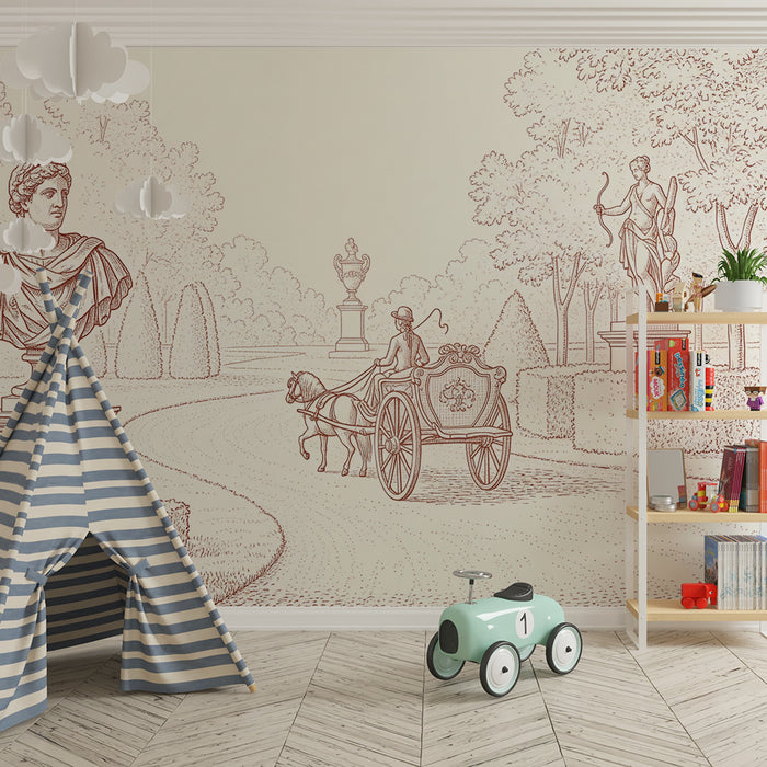 Hier ist die Übersetzung für den E-Commerce-Kontext:

Kinderzimmer Tapete | Gartenszene mit Kutsche und klassischen Statuen