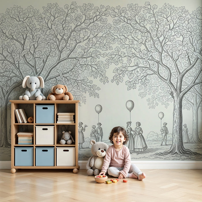Children's bedroom wallpaper | Garden scene with children and balloons under leafy trees