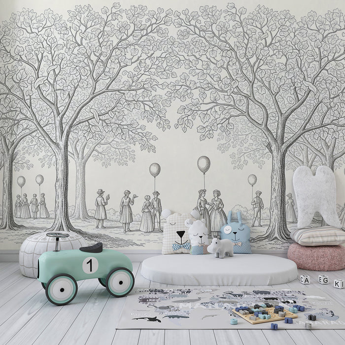Children's bedroom wallpaper | Garden scene with children and balloons under leafy trees