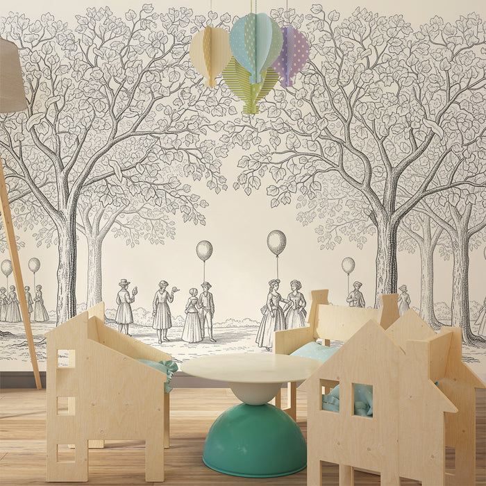 Children's bedroom wallpaper | Garden scene with children and balloons under leafy trees