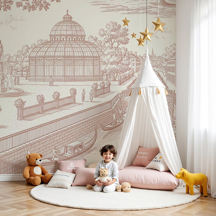 Papel pintado infantil | Escena de jardín con fuente y góndolas