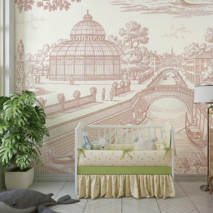 Papel pintado infantil | Escena de jardín con fuente y góndolas