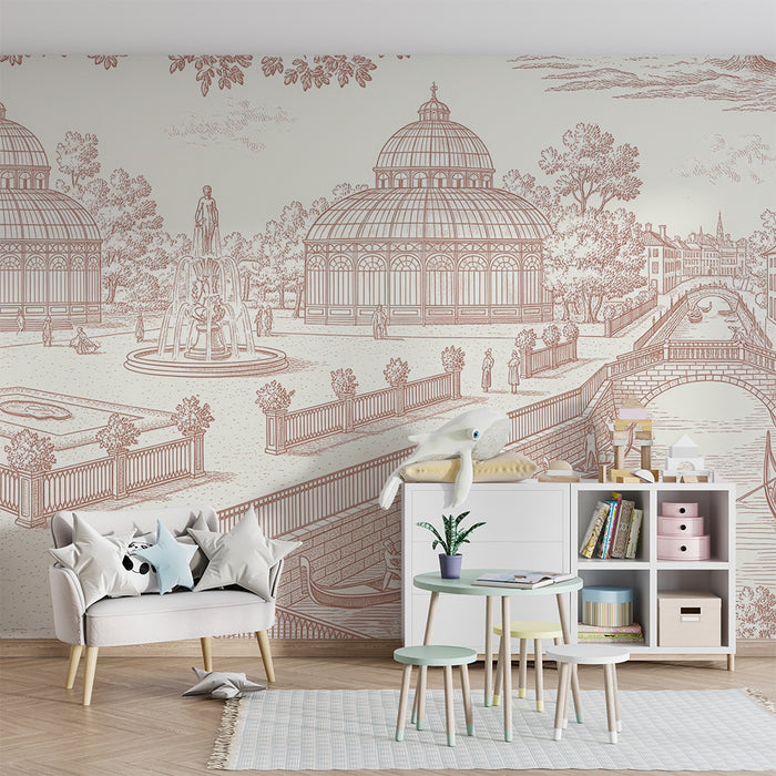 Papel pintado infantil | Escena de jardín con fuente y góndolas