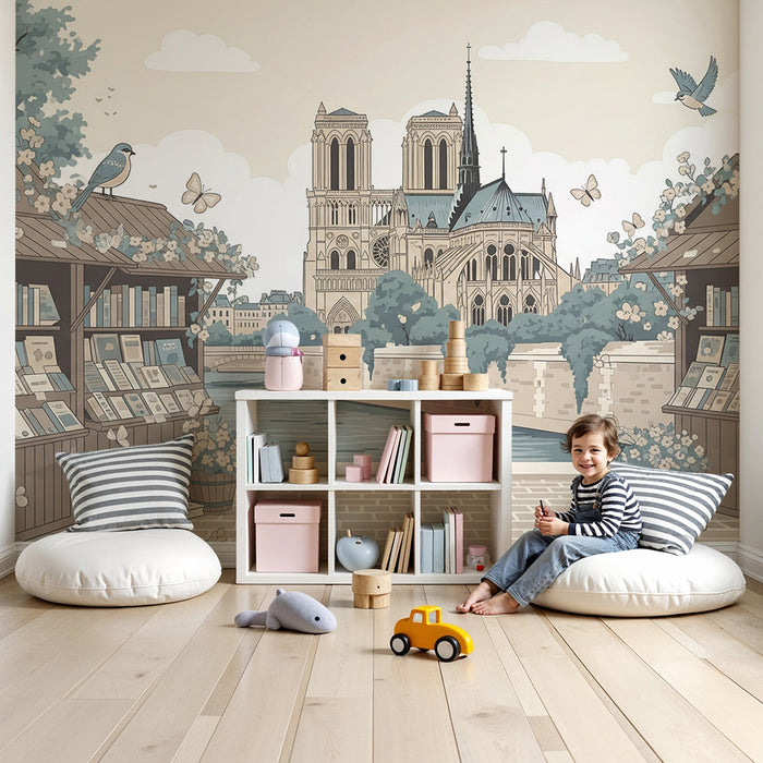 Behang voor de kinderkamer | Boekwinkelscène aan de Seine met Notre-Dame