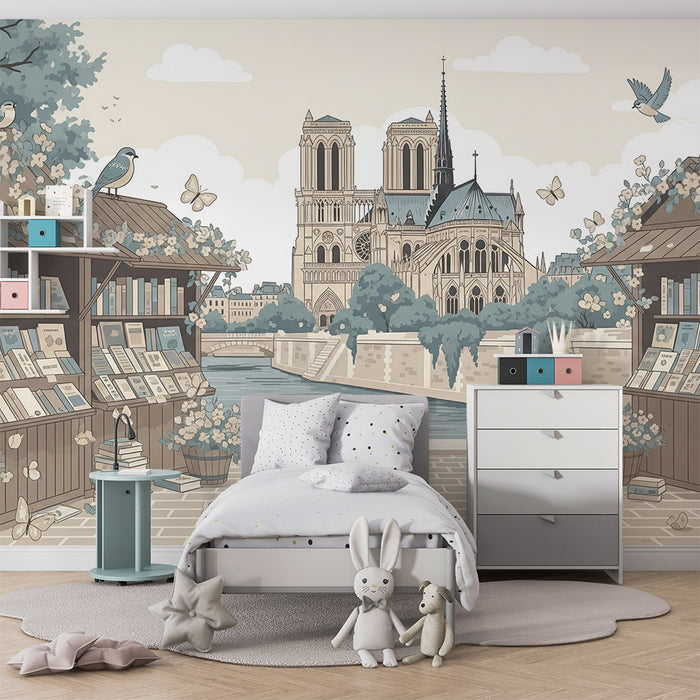 Behang voor de kinderkamer | Boekwinkelscène aan de Seine met Notre-Dame