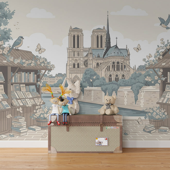 Behang voor de kinderkamer | Boekwinkelscène aan de Seine met Notre-Dame