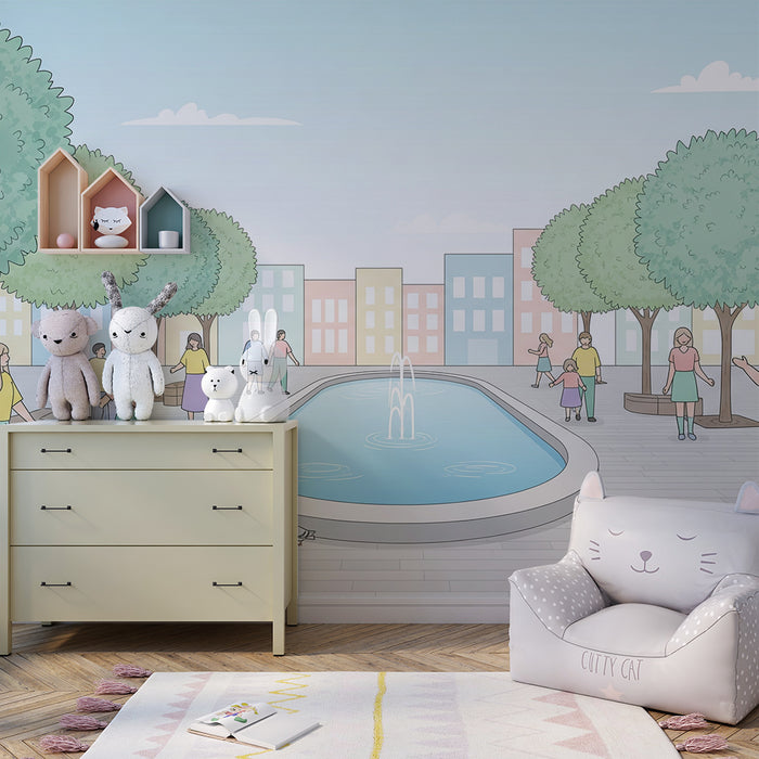 Papel de parede para quarto de criança | Cena de parque animada com fonte e personagens