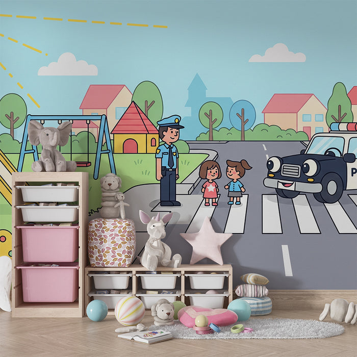 Barnrumstapet | Parkmiljö med polis och barn