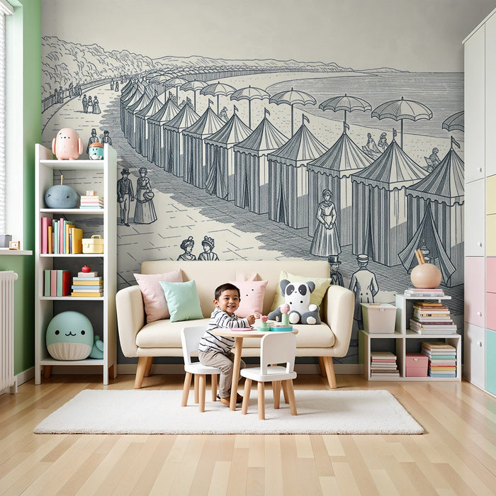 Papel pintado infantil | Escena de playa vintage con casetas y sombrillas