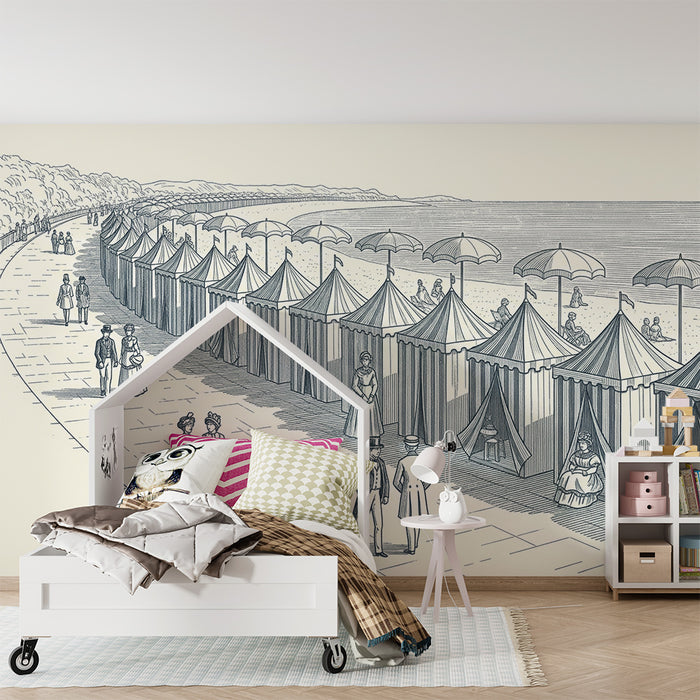 Papel pintado infantil | Escena de playa vintage con casetas y sombrillas