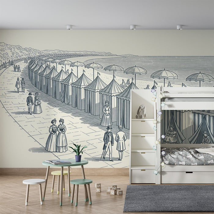 Papel pintado infantil | Escena de playa vintage con casetas y sombrillas