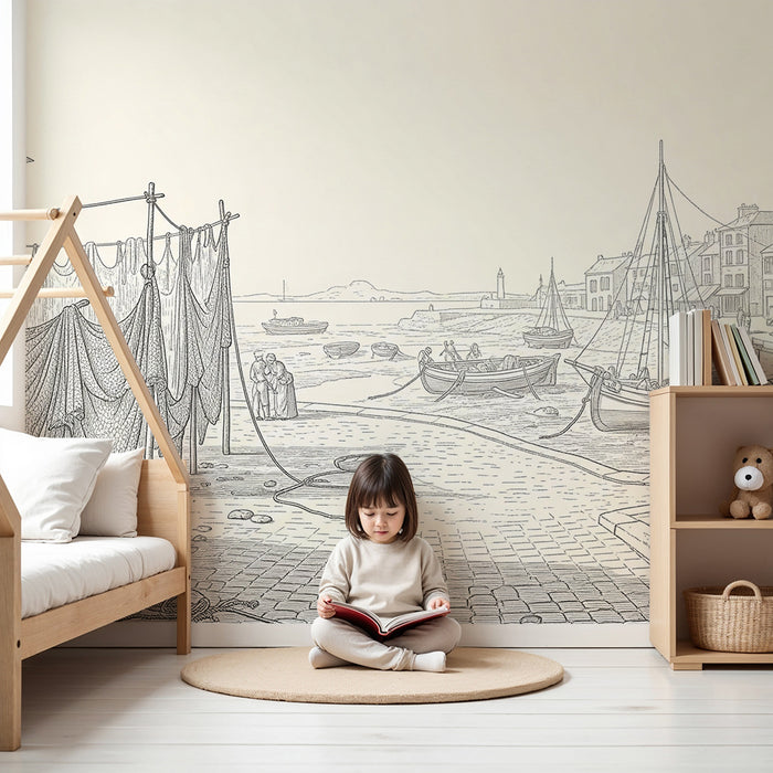Children's bedroom wallpaper | Harbor scene with boats and fishing nets