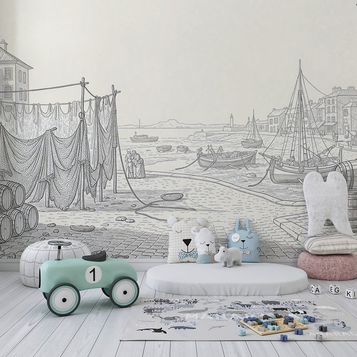 Children's bedroom wallpaper | Harbor scene with boats and fishing nets