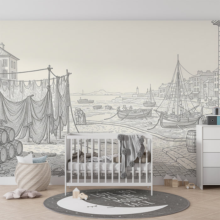 Children's bedroom wallpaper | Harbor scene with boats and fishing nets