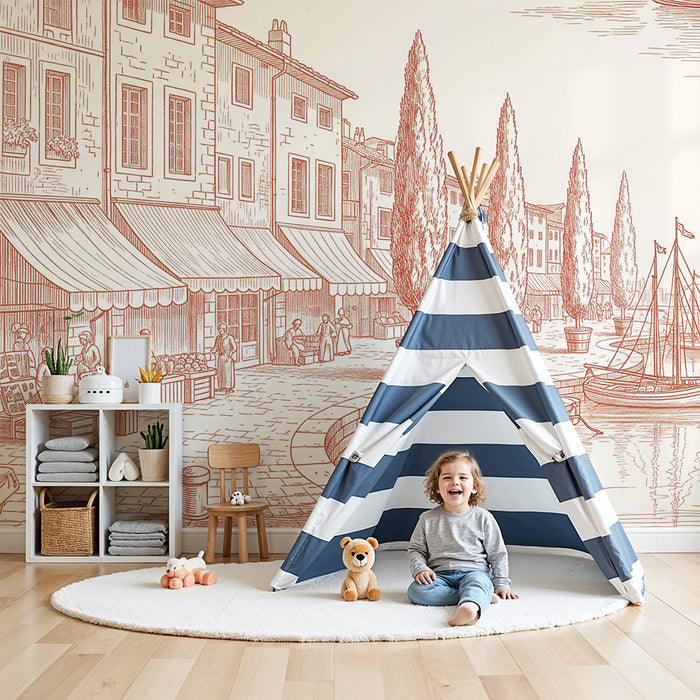 Papier peint chambre enfant | Scène de port pittoresque avec bateaux et ruelles animées