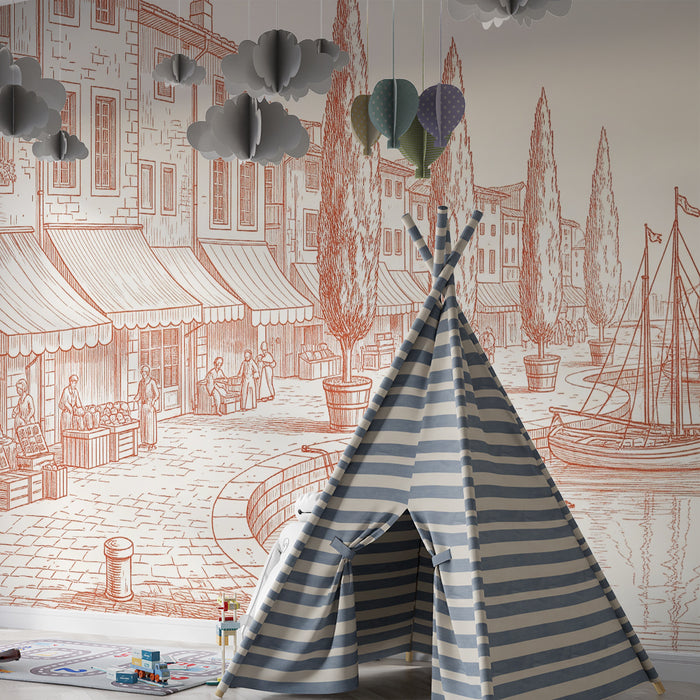 Papier peint chambre enfant | Scène de port pittoresque avec bateaux et ruelles animées