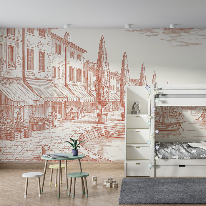 Papier peint chambre enfant | Scène de port pittoresque avec bateaux et ruelles animées