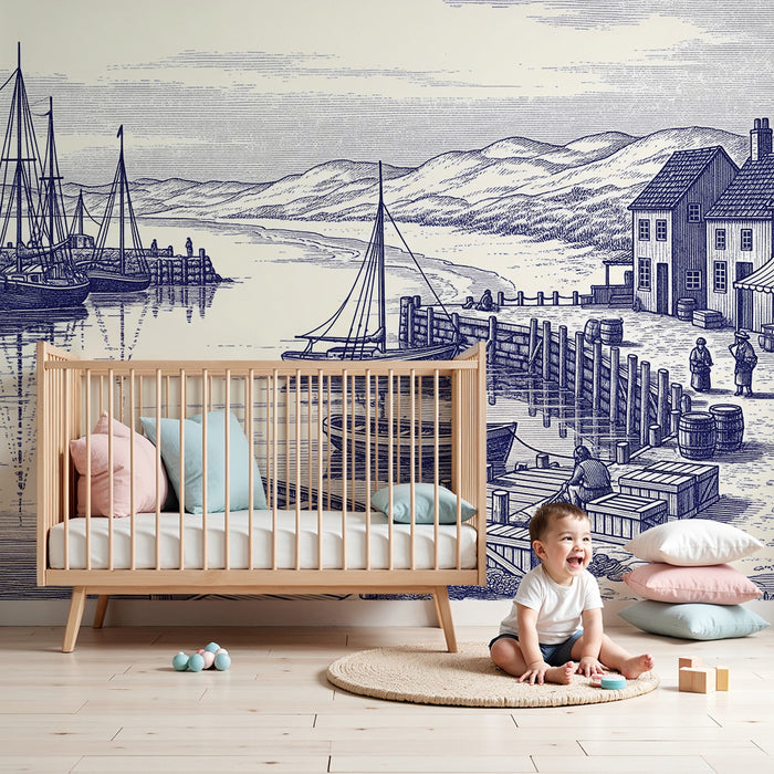 Behang voor kinderkamer | Vintage haven-scène met boten en kusthuisjes