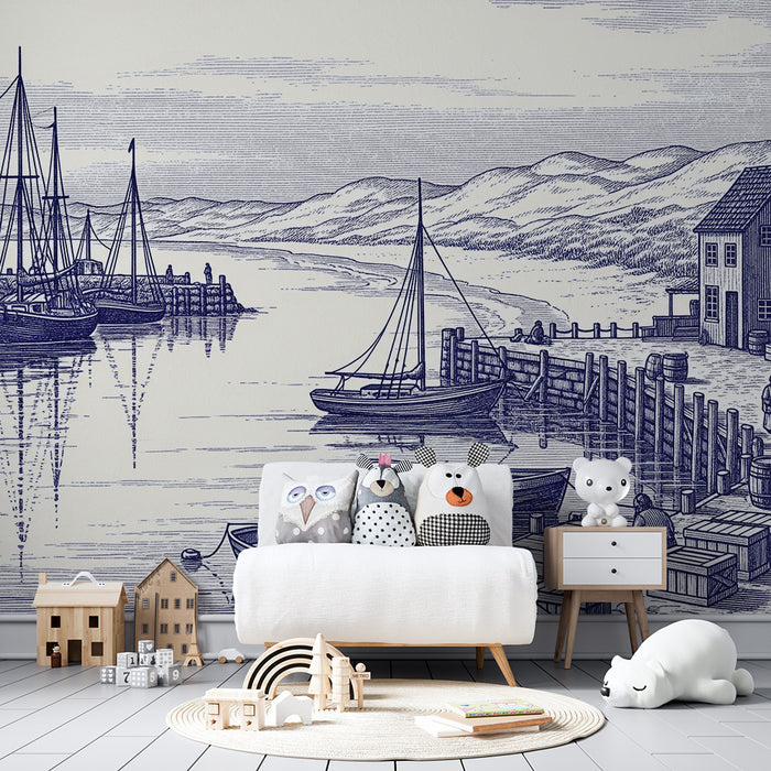 Behang voor kinderkamer | Vintage haven-scène met boten en kusthuisjes