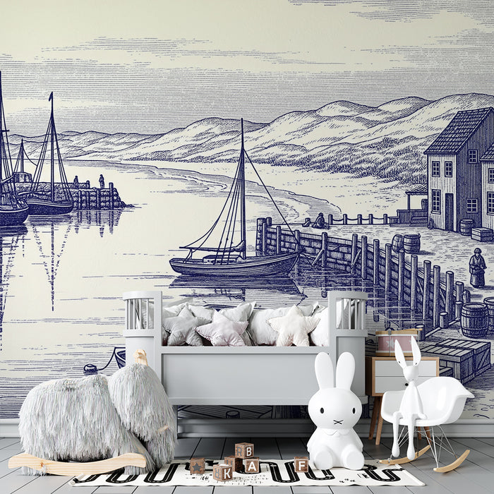 Behang voor kinderkamer | Vintage haven-scène met boten en kusthuisjes