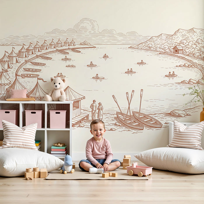 Behang kinderkamer | Vakantiescène aan het water met tenten en kano's