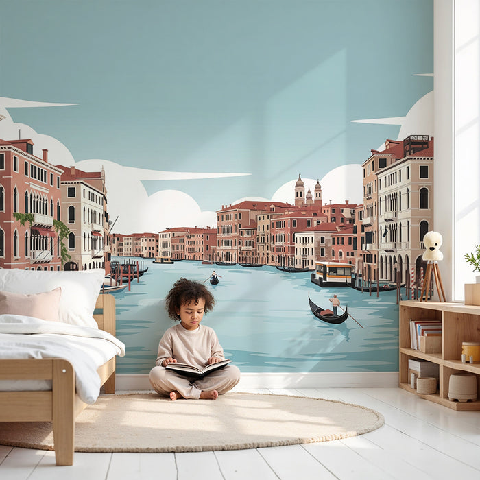 Carta da parati per camera bambini | Scena di Venezia con gondole e palazzi colorati