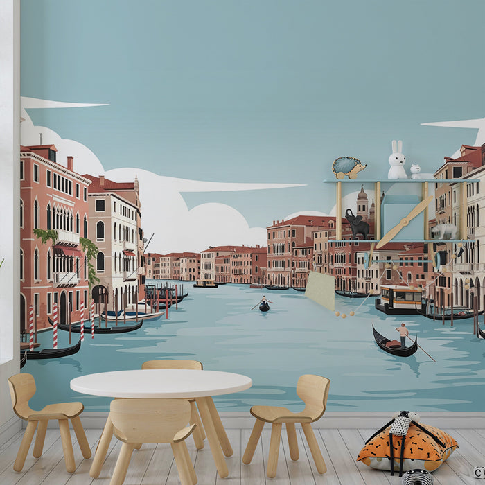 Carta da parati per camera bambini | Scena di Venezia con gondole e palazzi colorati