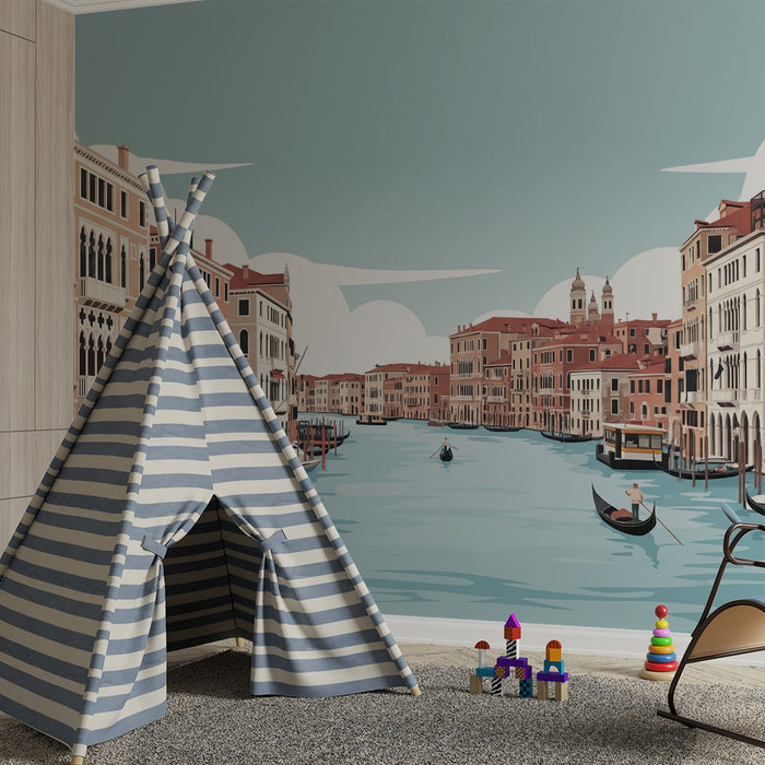 Carta da parati per camera bambini | Scena di Venezia con gondole e palazzi colorati