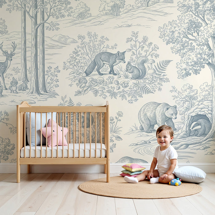 Papel pintado infantil | Escena forestal con animales salvajes en azul
