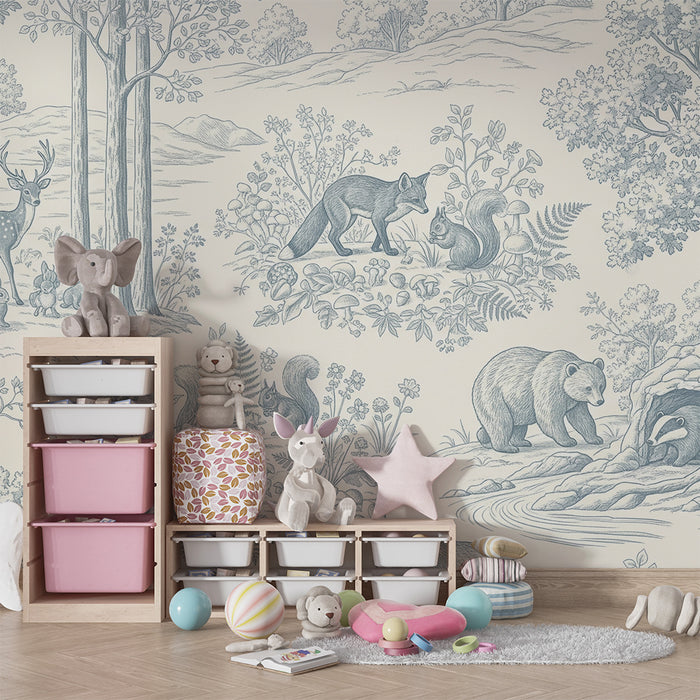 Papel pintado infantil | Escena forestal con animales salvajes en azul