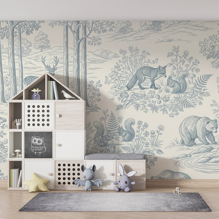 Papel pintado infantil | Escena forestal con animales salvajes en azul